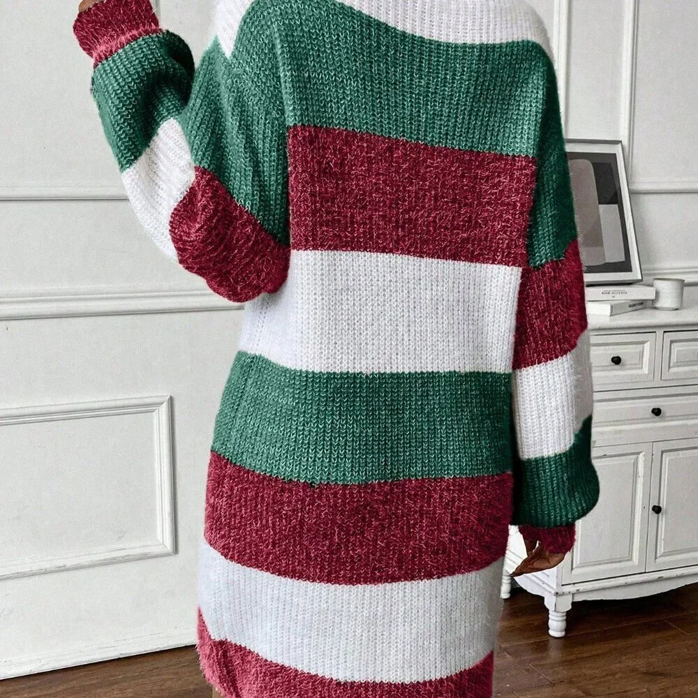 Multicolor Casual Women's Color lock Striped Lantern Sleeve Sweater Dress